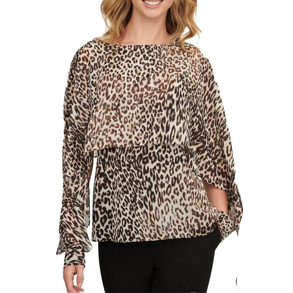 DKNY Top Womens Size XL Sheer Metallic Leopard Print Cape Sleeve Blouse Coquette